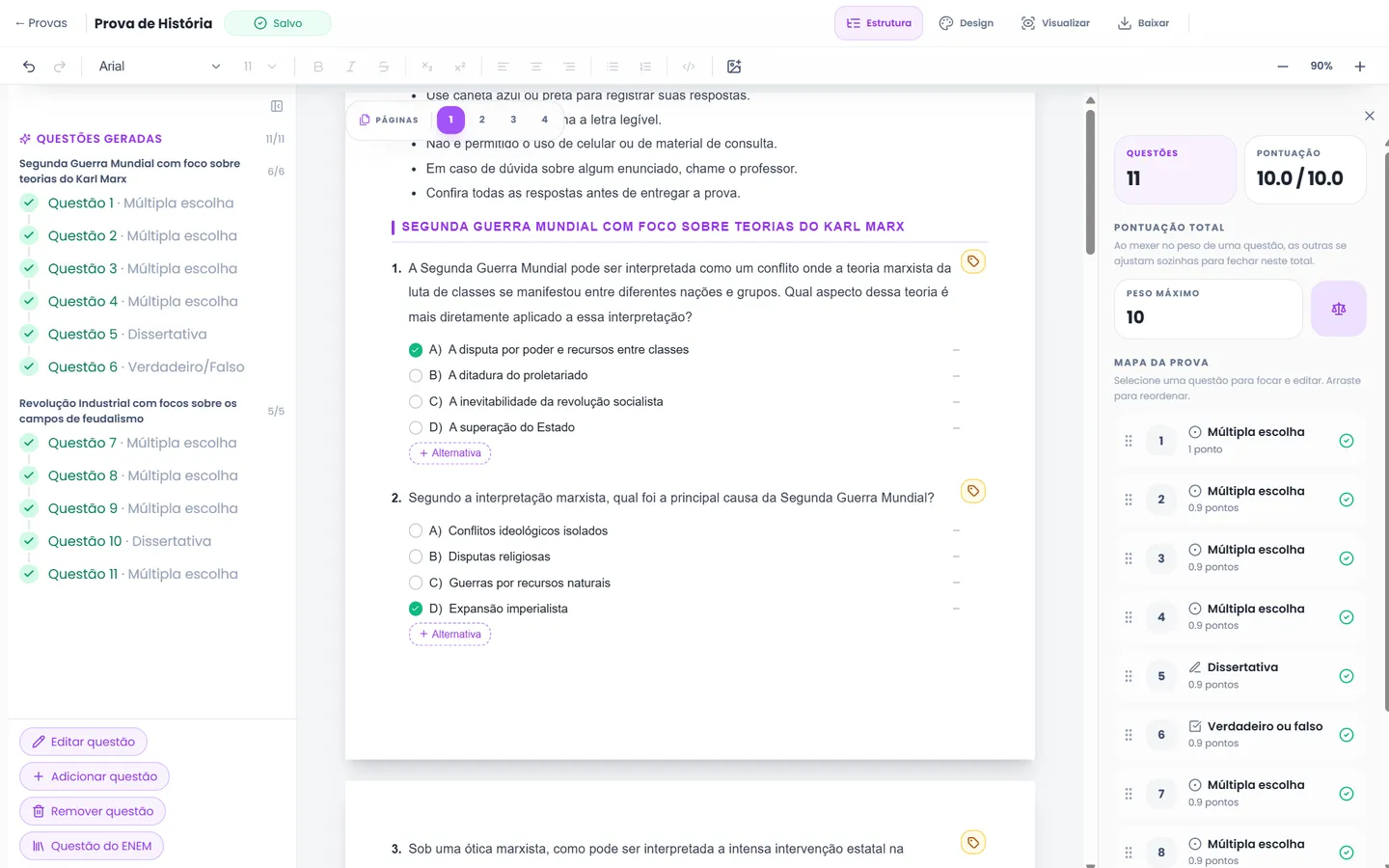 Editor de provas do Cursiva com questões de múltipla escolha, dissertativa e verdadeiro ou falso