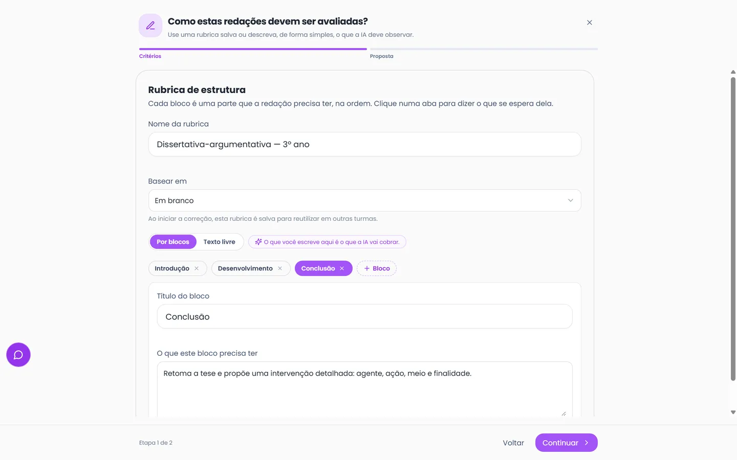 Tela web do Cursiva configurando critérios para corrigir redações
