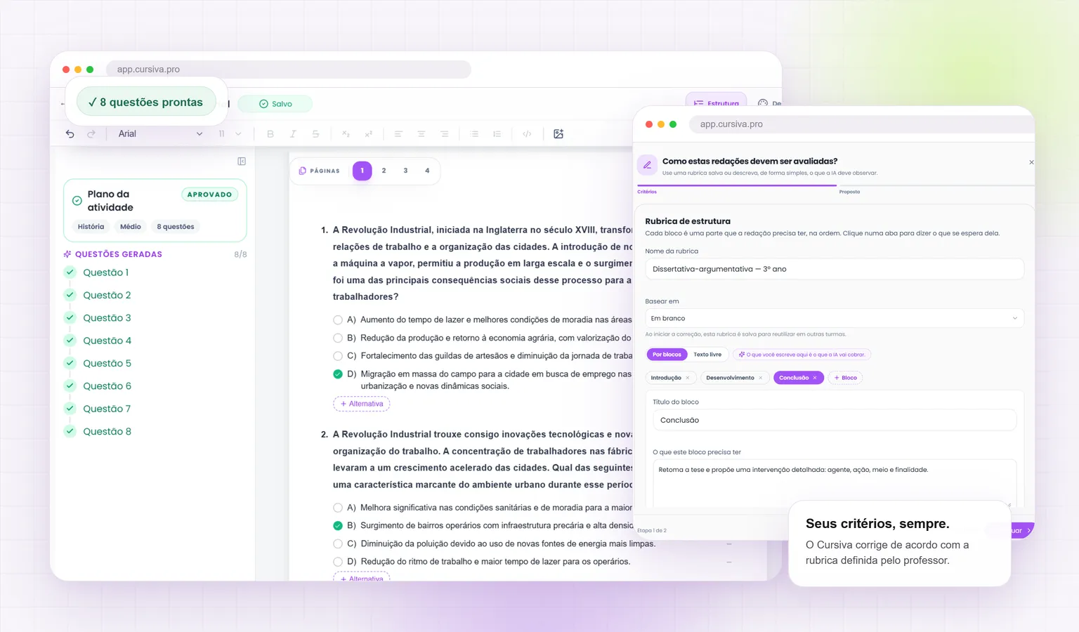 Cursiva configurando os critérios de correção definidos pelo professor