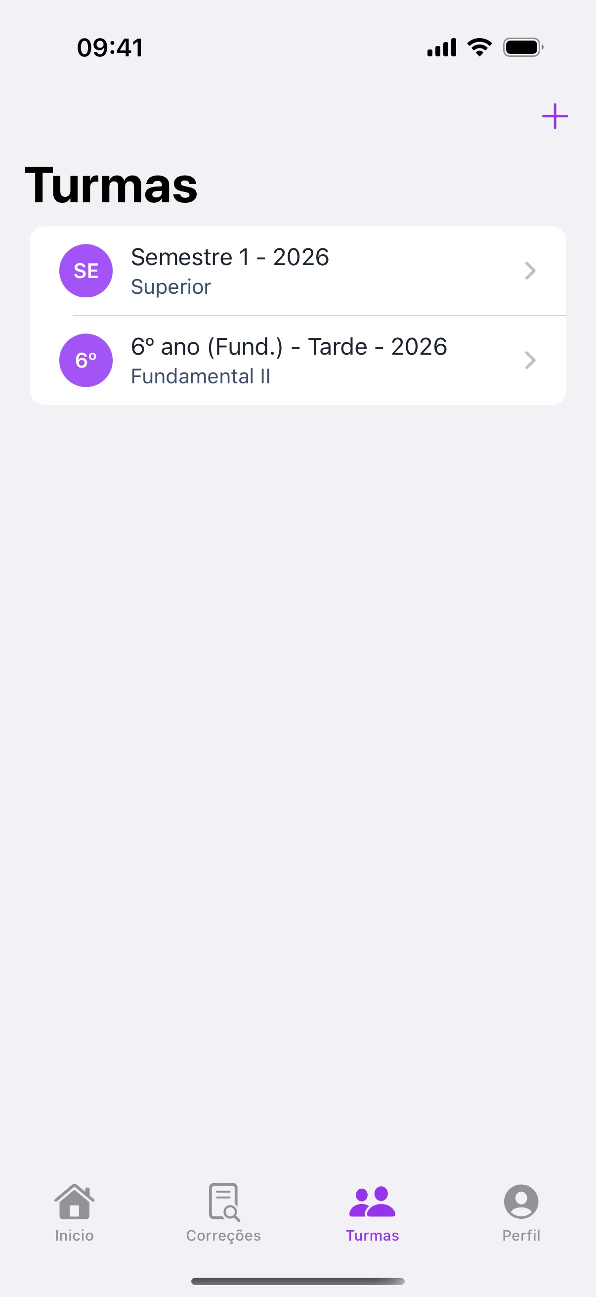 Lista de turmas do aplicativo Cursiva no iPhone