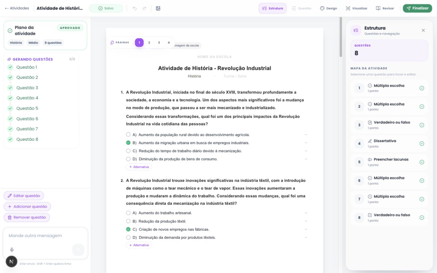 Editor web do Cursiva criando uma atividade de História