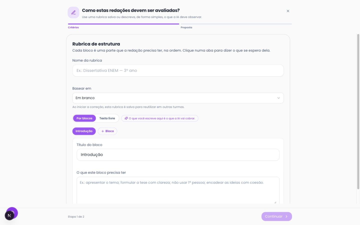 Tela web do Cursiva configurando critérios para corrigir redações